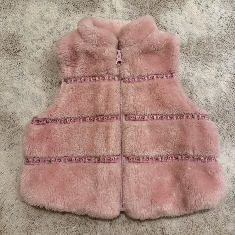 Vintage Y2K Kids Headquarters Pink Fur Vest With Flower Detailed Stripes Size 3T